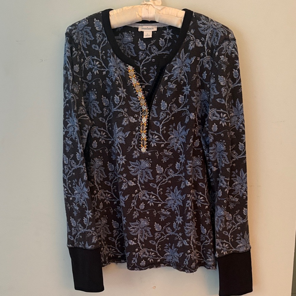 Sundance Black and Blue Floral Long Sleeve Top with decorative trim.